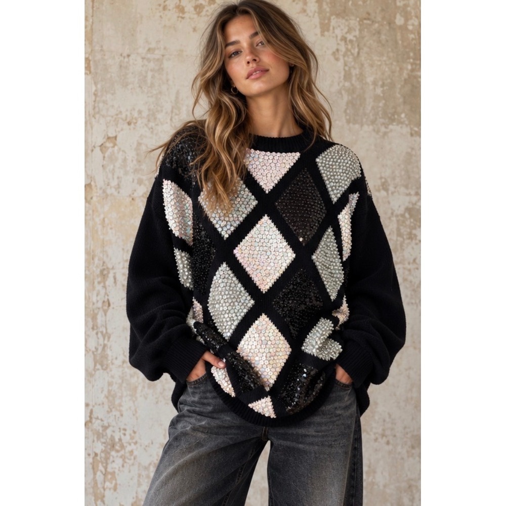Vintage Alfred Dunner Black Sequin Argyle Diamond Knit Sweater Holiday Glam XL
